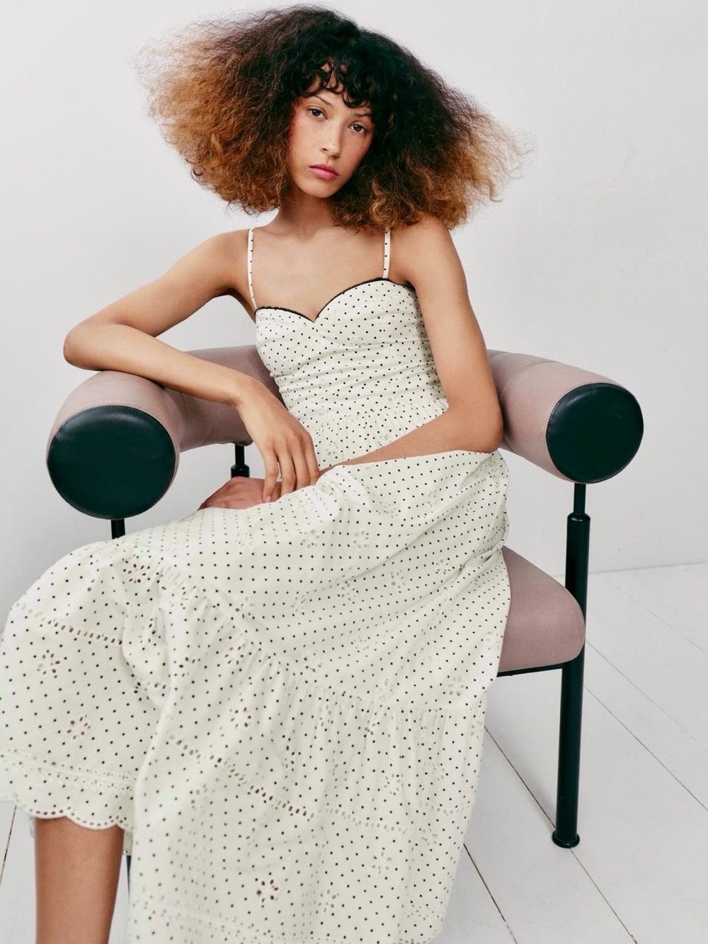 Embroidered Polka Dot Midi Dress with Sweetheart Neckline